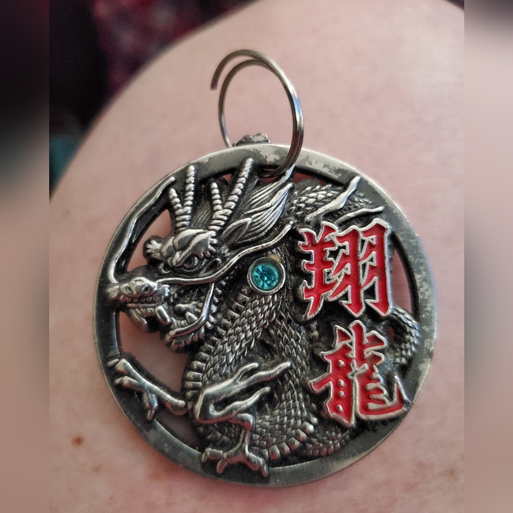 Silver Dragon Pendant with Aqua Rhinestone & Red Detail Mm